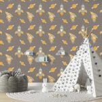 ورق حائط من القماش برسومات كرتونية صواريخ وكواكب تغطي مساحة تصل إلى 4.2م×3م مع أداة لاصقة وأداة تنعيم
