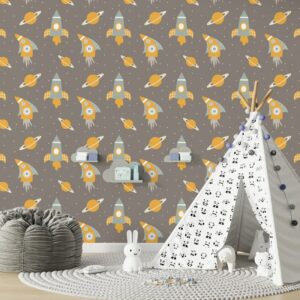 ورق حائط من القماش برسومات كرتونية صواريخ وكواكب تغطي مساحة تصل إلى 4.2م×3م مع أداة لاصقة وأداة تنعيم