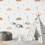 Sleepy Moon and clouds Kids  Fabric Wallpaper Covers an area ​​up to 4.2mX3m with adhesive  and smoothing tool