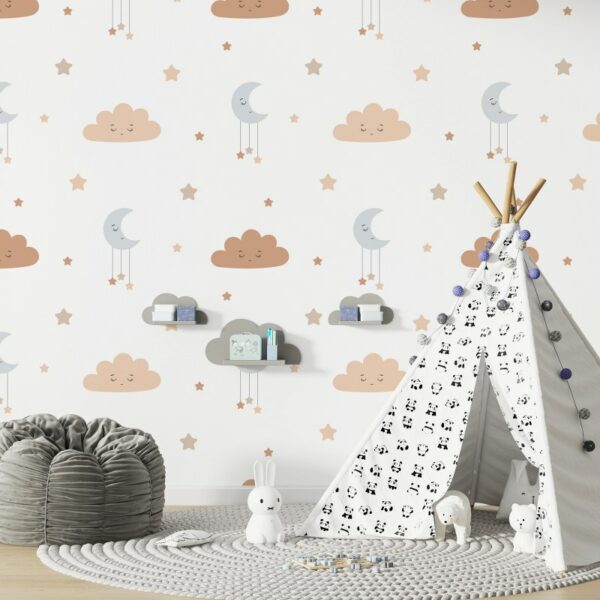 Sleepy Moon and clouds Kids  Fabric Wallpaper Covers an area ​​up to 4.2mX3m with adhesive  and smoothing tool
