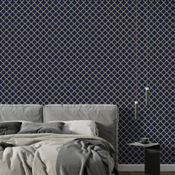 Fretwork Geometric Midnight Blue Fabric Wallpaper Covers an area ​​up to 4.2mX3m with adhesive  and smoothing tool