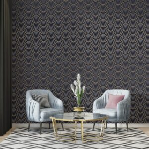 Amazing Oriental waves Blue Japanese Fabric Wallpaper Covers an area ​​up to 4.2mX3m with adhesive  and smoothing tool