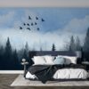 Beautiful Watercolour tree landscape Fabric Wallpaper Covers an area ​​up to 4.2mX3m with adhesive  and smoothing tool