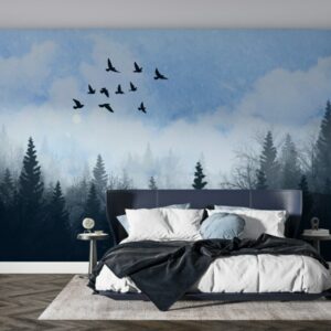 Beautiful Watercolour tree landscape Fabric Wallpaper Covers an area ​​up to 4.2mX3m with adhesive  and smoothing tool