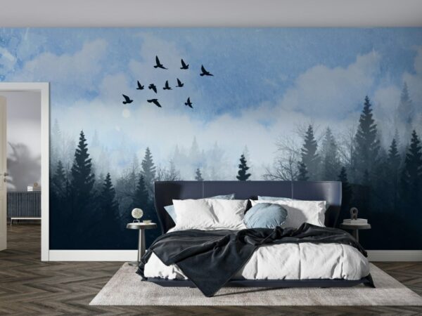 Beautiful Watercolour tree landscape Fabric Wallpaper Covers an area ​​up to 4.2mX3m with adhesive  and smoothing tool