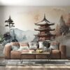 Beautiful Japanese Architecture Fabric Wallpaper Covers an area ​​up to 4.2mX3m with adhesive  and smoothing tool