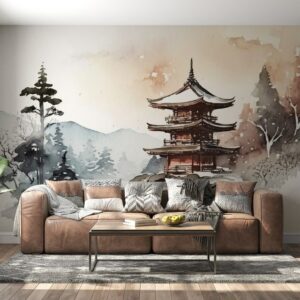 Beautiful Japanese Architecture Fabric Wallpaper Covers an area ​​up to 4.2mX3m with adhesive  and smoothing tool