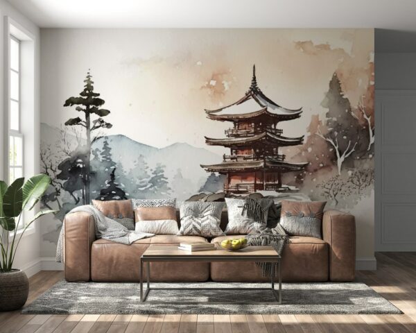 Beautiful Japanese Architecture Fabric Wallpaper Covers an area ​​up to 4.2mX3m with adhesive  and smoothing tool
