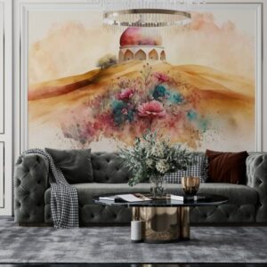 Beautiful Mosque with colorscape art  Fabric Wallpaper Covers an area ​​up to 4.2mX3m with adhesive  and smoothing tool