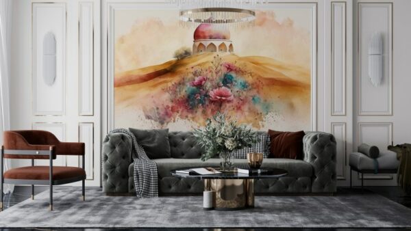 Beautiful Mosque with colorscape art  Fabric Wallpaper Covers an area ​​up to 4.2mX3m with adhesive  and smoothing tool