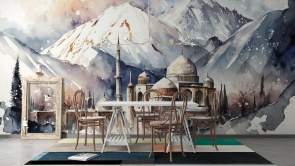 Amazing Snow Mountain Scenery Fabric Wallpaper Covers an area ​​up to 4.2mX3m with adhesive  and smoothing tool