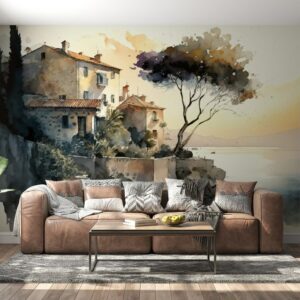 Stunning landscape painting with seaside city silhouette Fabric Wallpaper Covers an area ​​up to 4.2mX3m with adhesive  and smoothing tool
