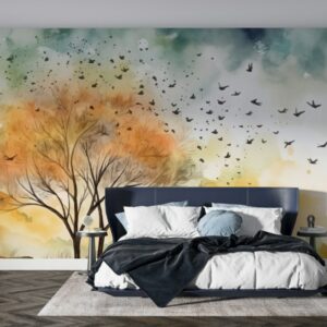 Beautiful Watercolor Spring Tree with Flying Birds Fabric Wallpaper Covers an area ​​up to 4.2mX3m with adhesive  and smoothing tool