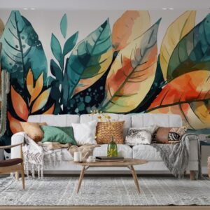 Colorful Lined Palm Leaves Fabric Wallpaper Covers an area ​​up to 4.2mX3m with adhesive  and smoothing tool