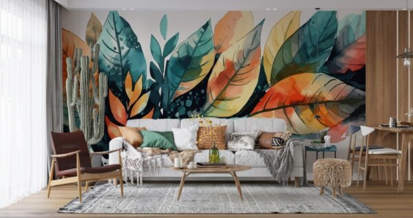 Colorful Lined Palm Leaves Fabric Wallpaper Covers an area ​​up to 4.2mX3m with adhesive  and smoothing tool