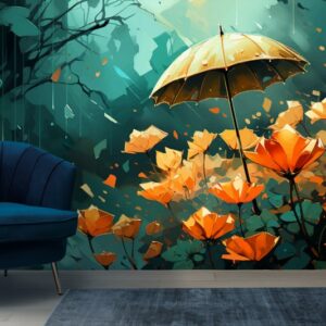 Umbrella in autumn blossom of rainy day  Fabric Wallpaper Covers an area ​​up to 4.2mX3m with adhesive  and smoothing tool