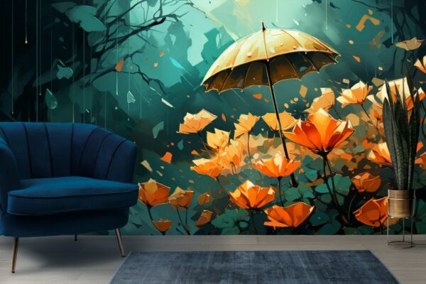 Umbrella in autumn blossom of rainy day  Fabric Wallpaper Covers an area ​​up to 4.2mX3m with adhesive  and smoothing tool