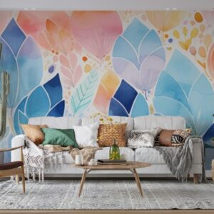 Amazing Blue and Pink colored tree leaves Fabric Wallpaper Covers an area ​​up to 4.2mX3m with adhesive  and smoothing tool