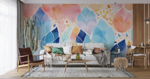 Amazing Blue and Pink colored tree leaves Fabric Wallpaper Covers an area ​​up to 4.2mX3m with adhesive  and smoothing tool