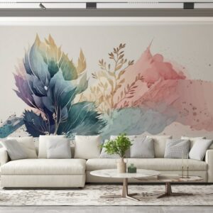 Beautiful flowers and leaves Fabric Wallpaper Covers an area ​​up to 4.2mX3m with adhesive  and smoothing tool