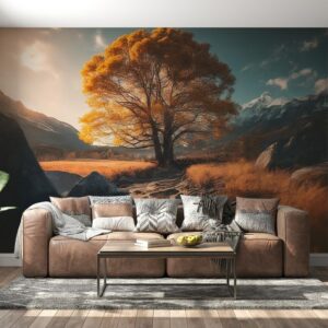 An Autumn orange tree peaceful landscape Fabric Wallpaper Covers an area ​​up to 4.2mX3m with adhesive  and smoothing tool
