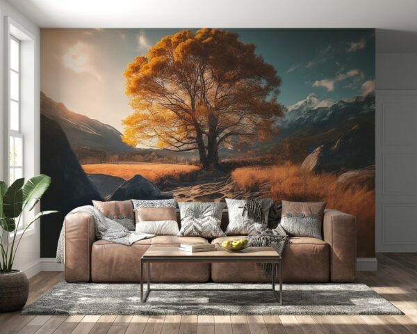 An Autumn orange tree peaceful landscape Fabric Wallpaper Covers an area ​​up to 4.2mX3m with adhesive  and smoothing tool