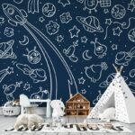 ورق حائط قماشي من Navy Space Mural يغطي مساحة تصل إلى 4.2 م × 3 م باستخدام أداة لاصقة وأداة تنعيمtool