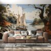 Beautiful background with sea and palm trees Fabric Wallpaper Covers an area ​​up to 4.2mX3m with adhesive  and smoothing tool