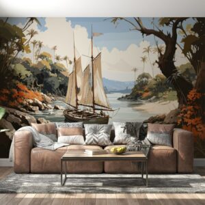 Beautiful background with sea and palm trees Fabric Wallpaper Covers an area ​​up to 4.2mX3m with adhesive  and smoothing tool
