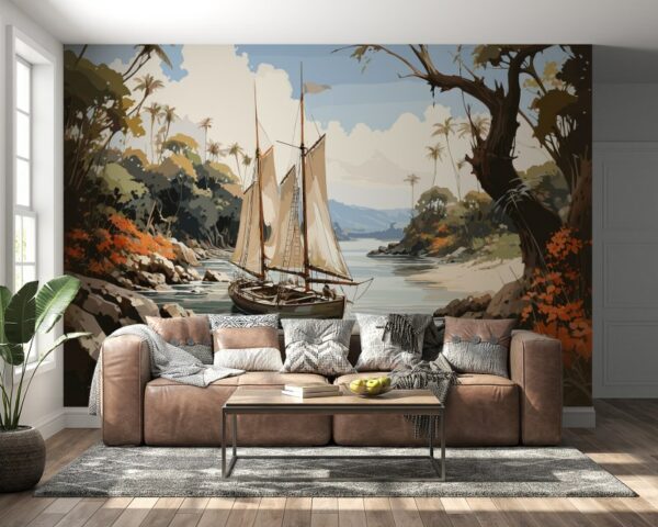 Beautiful background with sea and palm trees Fabric Wallpaper Covers an area ​​up to 4.2mX3m with adhesive  and smoothing tool