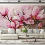 Beautiful Pink Magnolia pink flowers Fabric Wallpaper Covers an area ​​up to 4.2mX3m with adhesive  and smoothing tool