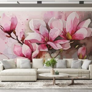 Beautiful Pink Magnolia pink flowers Fabric Wallpaper Covers an area ​​up to 4.2mX3m with adhesive  and smoothing tool