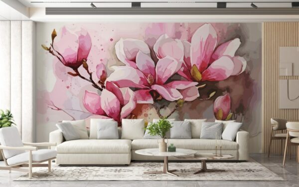 Beautiful Pink Magnolia pink flowers Fabric Wallpaper Covers an area ​​up to 4.2mX3m with adhesive  and smoothing tool
