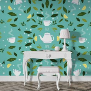 Green leaves with cups of Tea seamless pattern  Fabric Wallpaper Covers an area ​​up to 4.2mX3m with adhesive  and smoothing tool