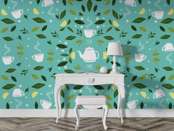 Green leaves with cups of Tea seamless pattern  Fabric Wallpaper Covers an area ​​up to 4.2mX3m with adhesive  and smoothing tool