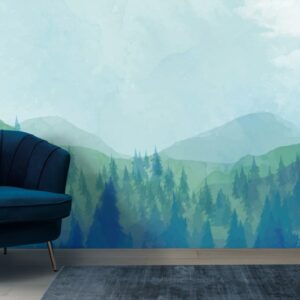Foggy Mountain Forest Landscape  Fabric Wallpaper Covers an area ​​up to 4.2mX3m with adhesive  and smoothing tool