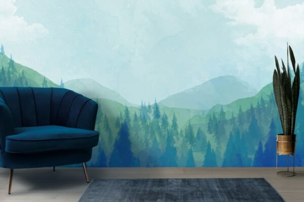 Foggy Mountain Forest Landscape  Fabric Wallpaper Covers an area ​​up to 4.2mX3m with adhesive  and smoothing tool