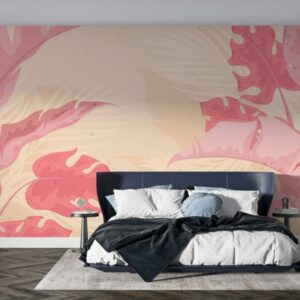 Leaves on Pink Vintage Fabric Wallpaper Covers an area ​​up to 4.2mX3m with adhesive  and smoothing tool