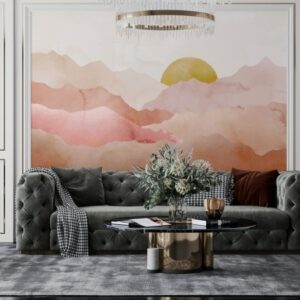Watercolor mountain landscape Fabric Wallpaper Covers an area ​​up to 4.2mX3m with adhesive  and smoothing tool