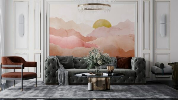 Watercolor mountain landscape Fabric Wallpaper Covers an area ​​up to 4.2mX3m with adhesive  and smoothing tool