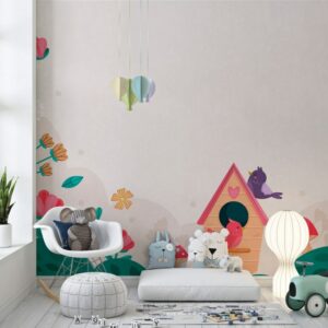 Painted Flowers And Green Leaves Fabric Wallpaper Covers an area ​​up to 4.2mX3m with adhesive  and smoothing tool