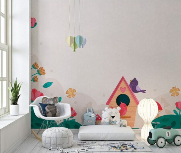 Painted Flowers And Green Leaves Fabric Wallpaper Covers an area ​​up to 4.2mX3m with adhesive  and smoothing tool