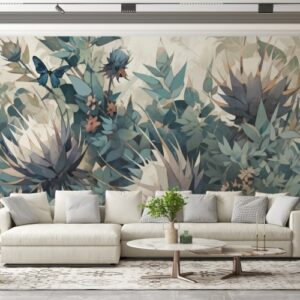 Grey Australian Botanical Plants  Fabric Wallpaper Covers an area ​​up to 4.2mX3m with adhesive  and smoothing tool