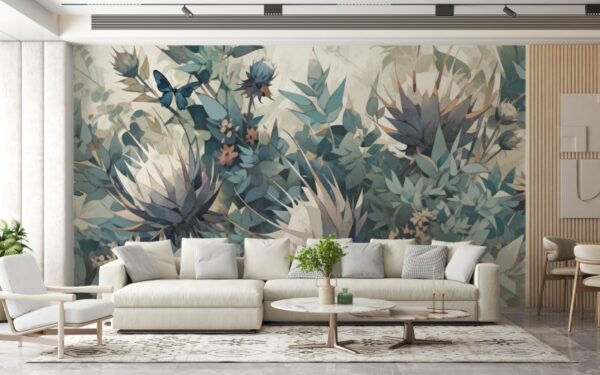 Grey Australian Botanical Plants  Fabric Wallpaper Covers an area ​​up to 4.2mX3m with adhesive  and smoothing tool