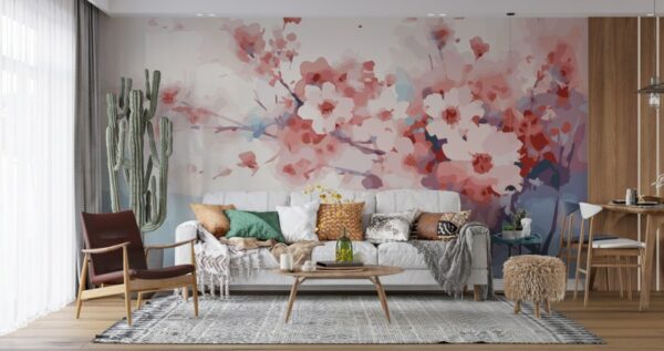 Acrylic paintings of spring blossoms  Fabric Wallpaper Covers an area ​​up to 4.2mX3m with adhesive  and smoothing tool
