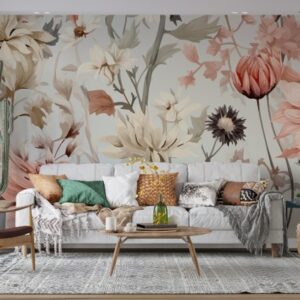 Flowers pattern paper backgrounds  Fabric Wallpaper Covers an area ​​up to 4.2mX3m with adhesive  and smoothing tool