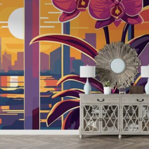 Tropical flower in multi color  Fabric Wallpaper Covers an area ​​up to 4.2mX3m with adhesive  and smoothing tool