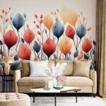 Colorful Botanical Floral Line Art Fabric Wallpaper Covers an area ​​up to 4.2mX3m with adhesive  and smoothing tool