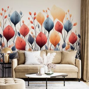 Colorful Botanical Floral Line Art Fabric Wallpaper Covers an area ​​up to 4.2mX3m with adhesive  and smoothing tool