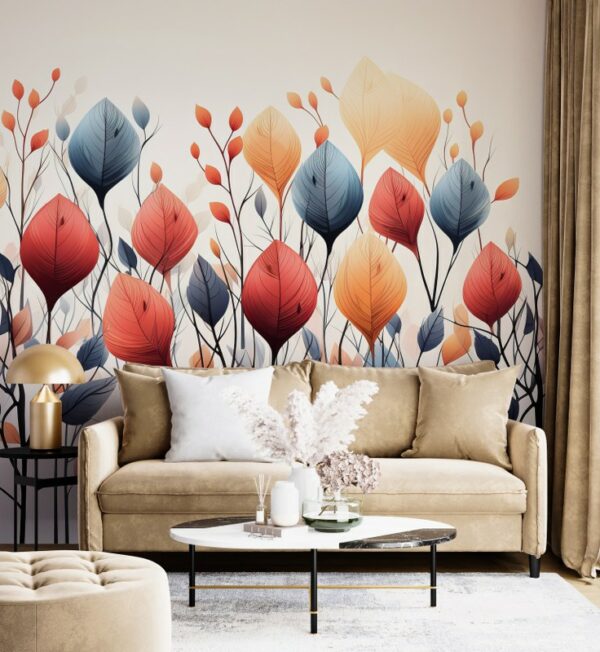 Colorful Botanical Floral Line Art Fabric Wallpaper Covers an area ​​up to 4.2mX3m with adhesive  and smoothing tool